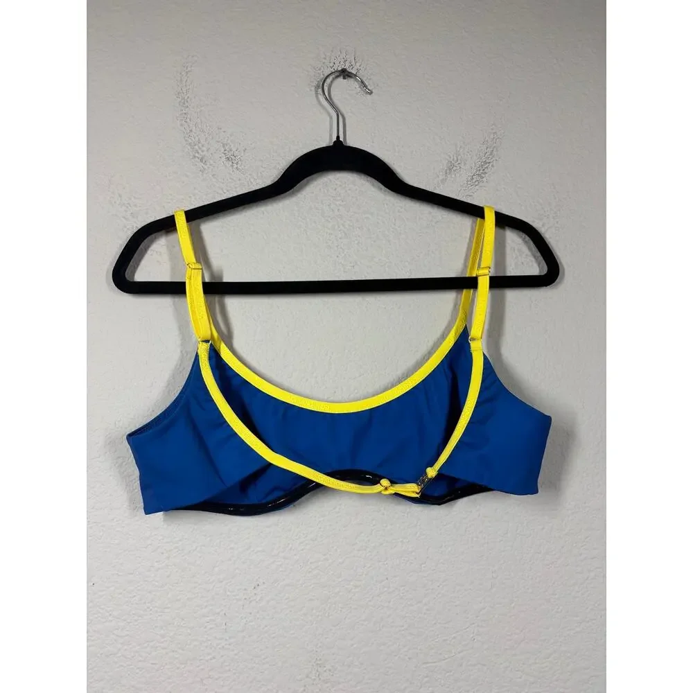 Casablanca Size Large Bikini Top Blue Yellow Adjustable Strap Beachwear Stretch - Picture 2 of 11